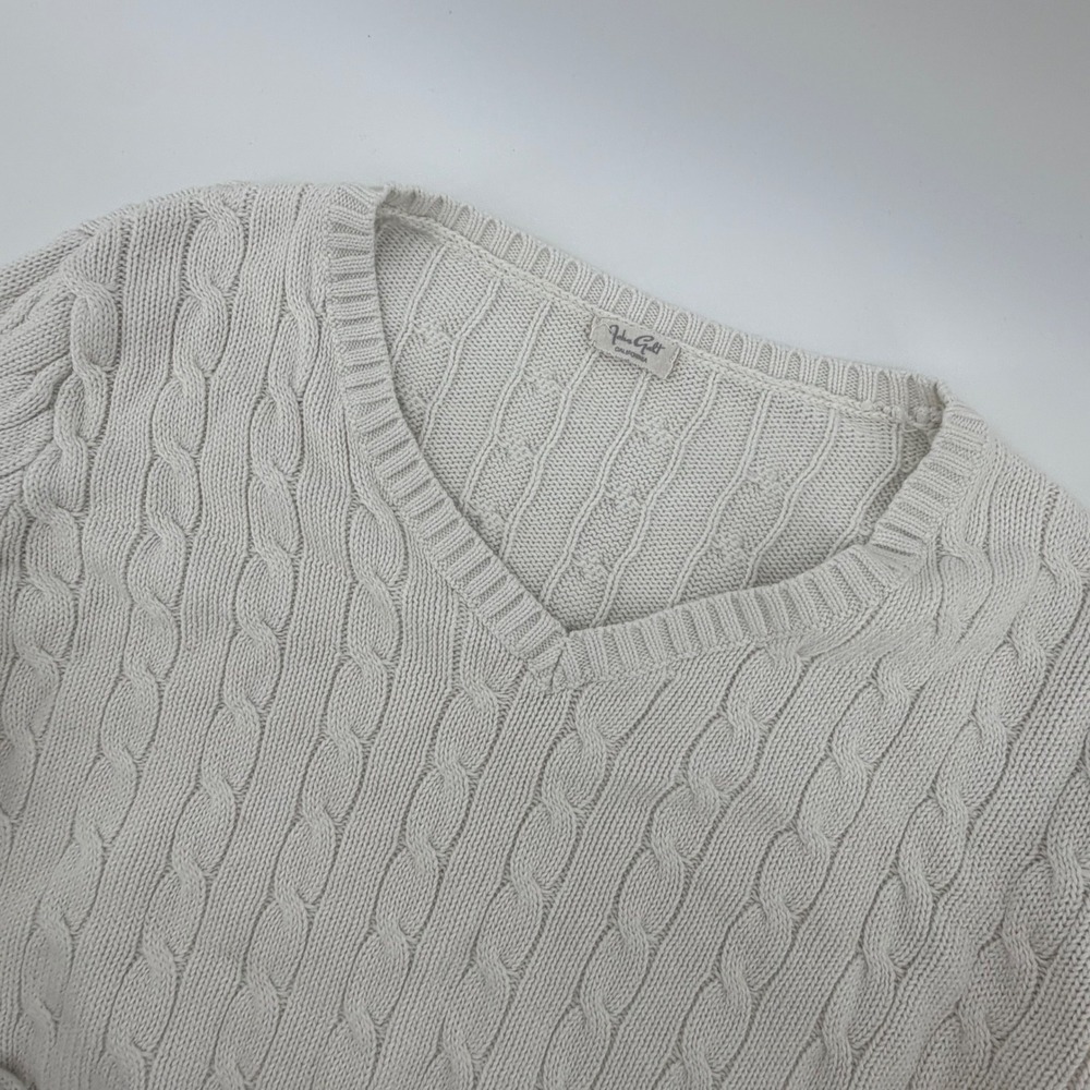 John Galt Sweater Womens Cream White Cable Knit Cropped‎ V-Neck Pullover